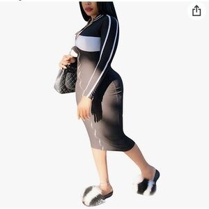 Long Sleeve Midi Two Striped Pencil Zipper Dress